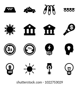 Solid vector icon set - taxi vector, safety car, garland, sun, bank, money torch, limited height road sign, distance, idea, head bulb, business, laser