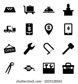 Solid vector icon set - taxi vector, baggage, client bell, recieptionist, fork loader, mobile payment, dollar pin, open, wrench, fretsaw, rubber hammer, plumber, jack, tool box