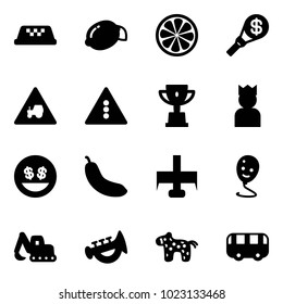 Solid vector icon set - taxi vector, lemon, slice, money torch, tractor way road sign, traffic light, win cup, king, smile, banana, milling cutter, balloon, excavator toy, horn, horse, bus