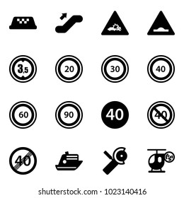 Solid vector icon set - taxi vector, escalator up, car crash road sign, artificial unevenness, limited height, speed limit 20, 30, 40, 60, 90, minimal, end, cruiser, Angular grinder, helicopter toy