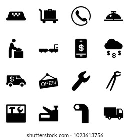 Solid vector icon set - taxi vector, baggage, phone, client bell, baby room, truck, mobile payment, money rain, encashment car, open, wrench, plumber, tool box, stapler, allen key, toy