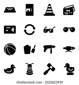 Solid vector icon set - taxi vector, coffee machine, road cone, credit card, tap pay, refresh, sunglasses, ball, bucket scoop, drill, pipe welding, duck toy, pyramid, hammer