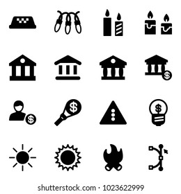 Solid vector icon set - taxi vector, garland, candle, bank, account, money torch, traffic light road sign, business idea, sun, fire, bezier
