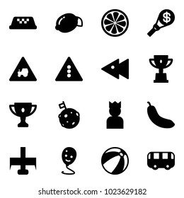 Solid vector icon set - taxi vector, lemon, slice, money torch, tractor way road sign, traffic light, fast backward, win cup, gold, moon flag, king, banana, milling cutter, balloon smile, beach ball