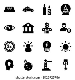 Solid vector icon set - taxi vector, safety car, candle, snowball tree, eye, bank, account, limited height road sign, idea, bulb, head, moon flag, lighthouse, laser
