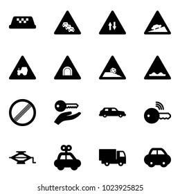 Solid vector icon set - taxi vector, multi lane traffic road sign, oncoming, climb, tractor way, tunnel, steep roadside, rough, no limit, key hand, limousine, wireless, jack, car toy, truck