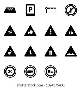 Solid vector icon set - taxi vector, parking sign, barrier, no parkin odd, oncoming traffic road, tractor way, light, children, wild animals, intersection, narrows, rough, speed limit 20, bus