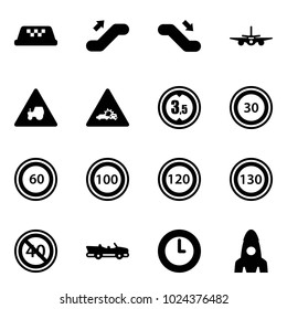 Solid vector icon set - taxi vector, escalator up, down, plane, tractor way road sign, car crash, limited height, speed limit 30, 60, 100, 120, 130, end minimal, cabrio, clock, rocket