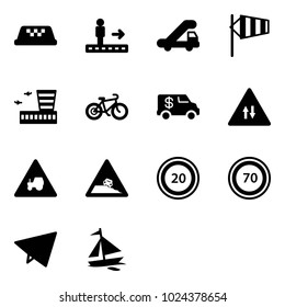 Solid vector icon set - taxi vector, travolator, trap truck, side wind, airport building, bike, encashment car, oncoming traffic road sign, tractor way, steep roadside, speed limit 20, 70, paper fly