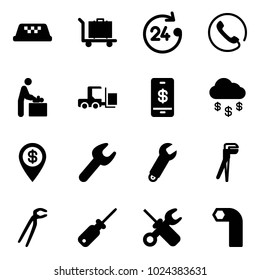 Solid vector icon set - taxi vector, baggage, 24 hours, phone, baby room, fork loader, mobile payment, money rain, dollar pin, wrench, plumber, screwdriver, allen key