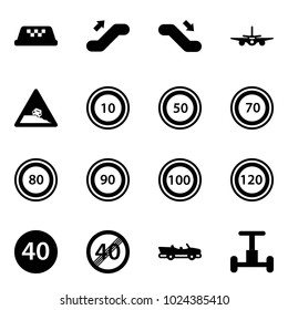 Solid vector icon set - taxi vector, escalator up, down, plane, steep roadside road sign, speed limit 10, 50, 70, 80, 90, 100, 120, minimal, end, cabrio, gyroscope