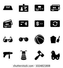 Solid vector icon set - taxi vector, identity, credit card, tap pay, exchange, sunglasses, ball, bucket scoop, drill machine, pyramid toy, hammer, duck