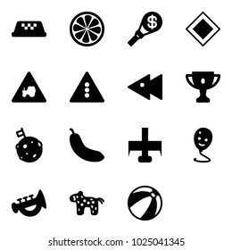 Solid vector icon set - taxi vector, lemon slice, money torch, main road sign, tractor way, traffic light, fast backward, gold cup, moon flag, banana, milling cutter, balloon smile, horn toy, horse