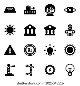 Solid vector icon set - taxi vector, baggage, snowball house, eye, sun, bank, traffic light road sign, limited height, bulb, lighthouse, bezier, power