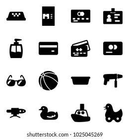 Solid vector icon set - taxi vector, coffee machine, credit card, identity, liquid soap, sunglasses, ball, basin, drill, pipe welding, toy duck, boat