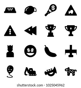 Solid vector icon set - taxi vector, lemon, money torch, tractor way road sign, traffic light, fast backward, win cup, gold, king, smile, banana, milling cutter, balloon, excavator toy, horn, horse