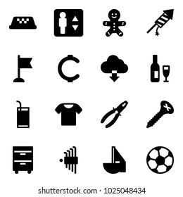 Solid vector icon set - taxi vector, elevator, cake man, firework rocket, flag, cent, download cloud, wine, drink, t shirt, pliers, screw, tool cabinet, allen key set, sailboat toy, soccer ball