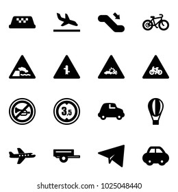 Solid vector icon set - taxi vector, arrival, escalator down, bike, embankment road sign, intersection, car crash, for moto, no horn, limited height, air balloon, plane, trailer, paper