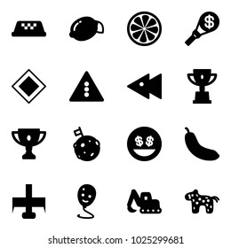 Solid vector icon set - taxi vector, lemon, slice, money torch, main road sign, traffic light, fast backward, win cup, gold, moon flag, smile, banana, milling cutter, balloon, excavator toy, horse