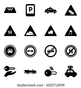 Solid vector icon set - taxi vector, parking sign, safety car, multi lane traffic road, oncoming, steep descent, tractor way, slippery, no, overtake, end limit, even, key hand, cabrio, wireless, toy