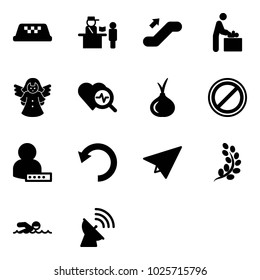 Solid vector icon set - taxi vector, passport control, escalator up, baby room, angel, heart diagnosis, onion, no parking road sign, user password, undo, paper plane, golden branch, swimming