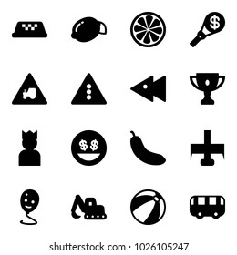 Solid vector icon set - taxi vector, lemon, slice, money torch, tractor way road sign, traffic light, fast backward, gold cup, king, smile, banana, milling cutter, balloon, excavator toy, beach ball