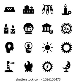 Solid vector icon set - taxi vector, baggage, garland, candle, snowball house, account, limited height road sign, head bulb, business idea, sun, lighthouse, fire, power, moon lamp