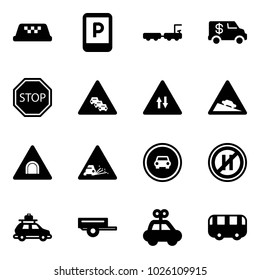 Solid vector icon set - taxi vector, parking sign, baggage truck, encashment car, stop road, multi lane traffic, oncoming, steep descent, tunnel, gravel, no, even, trailer, toy, bus