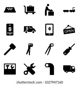 Solid vector icon set - taxi vector, baggage, baby room, truck, mobile payment, encashment car, open, rubber hammer, plumber, screwdriver, tool box, wrench, allen key, toy