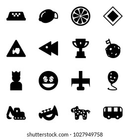 Solid vector icon set - taxi vector, lemon, slice, main road sign, tractor way, fast backward, win cup, moon flag, king, money smile, milling cutter, balloon, excavator toy, horn, horse, bus