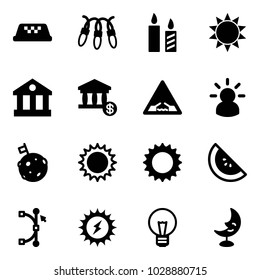 Solid vector icon set - taxi vector, garland, candle, sun, bank, account, drawbridge road sign, idea, moon flag, watermelone, bezier, power, bulb, lamp