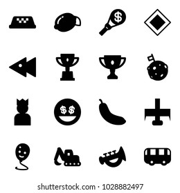 Solid vector icon set - taxi vector, lemon, money torch, main road sign, fast backward, win cup, gold, moon flag, king, smile, banana, milling cutter, balloon, excavator toy, horn, bus