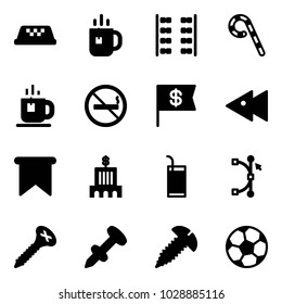 Solid vector icon set - taxi vector, tea, plane seats, lollipop, no smoking sign, dollar flag, fast backward, bank building, drink, bezier, screw, nail dowel, soccer ball