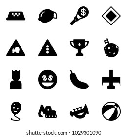 Solid vector icon set - taxi vector, lemon, money torch, main road sign, tractor way, traffic light, gold cup, moon flag, king, smile, banana, milling cutter, balloon, excavator toy, horn