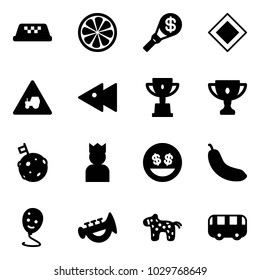Solid vector icon set - taxi vector, lemon slice, money torch, main road sign, tractor way, fast backward, win cup, gold, moon flag, king, smile, banana, balloon, horn toy, horse, bus