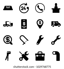 Solid vector icon set - taxi vector, 24 hours, phone, recieptionist, fork loader, mobile payment, dollar pin, encashment car, money click, fretsaw, wrench, plumber, screwdriver, tool box, allen key