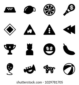 Solid vector icon set - taxi vector, lemon, slice, money torch, main road sign, tractor way, traffic light, fast backward, gold cup, king, smile, banana, balloon, horn toy, horse, beach ball