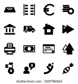 Solid vector icon set - taxi vector, plane seats, euro, coin, bank, encashment car, home, fast forward, printer, money, schedule, arrow up, rich, dialog, flying man, dart
