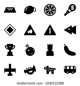 Solid vector icon set - taxi vector, lemon, slice, money torch, main road sign, tractor way, traffic light, fast backward, win cup, moon flag, king, banana, milling cutter, horn toy, horse, bus