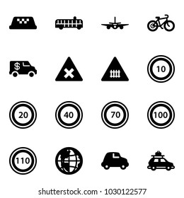 Solid vector icon set - taxi vector, airport bus, plane, bike, encashment car, railway intersection road sign, speed limit 10, 20, 40, 70, 100, 110, globe, baggage