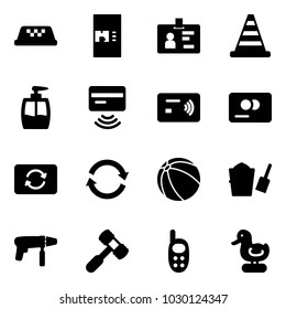 Solid vector icon set - taxi vector, coffee machine, identity, road cone, liquid soap, tap pay, credit card, exchange, refresh, ball, bucket scoop, drill, toy hammer, phone, duck