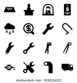Solid vector icon set - taxi vector, recieptionist, officer window, mobile payment, money rain, click, wrench, fretsaw, plumber, jack, screwdriver, allen key, truck toy