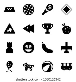 Solid vector icon set - taxi vector, lemon slice, money torch, main road sign, tractor way, fast backward, gold cup, moon flag, king, smile, banana, milling cutter, balloon, toy horse, beach ball