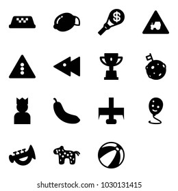 Solid vector icon set - taxi vector, lemon, money torch, tractor way road sign, traffic light, fast backward, win cup, moon flag, king, banana, milling cutter, balloon smile, horn toy, horse