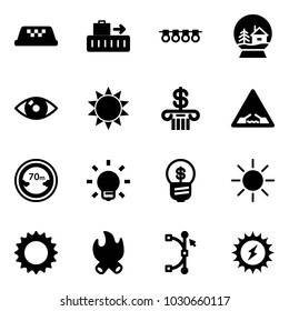 Solid vector icon set - taxi vector, baggage, garland, snowball house, eye, sun, bank, drawbridge road sign, limited distance, bulb, business idea, fire, bezier, power