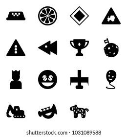 Solid vector icon set - taxi vector, lemon slice, main road sign, tractor way, traffic light, fast backward, gold cup, moon flag, king, money smile, milling cutter, balloon, excavator toy, horn