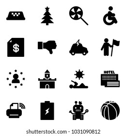 Solid vector icon set - taxi vector, christmas tree, lollipop, disabled, account statement, dislike, electric car, win, star man, sand fort, reading, sea hotel, printer wireless, battery, robot