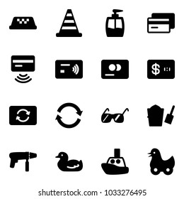 Solid vector icon set - taxi vector, road cone, liquid soap, credit card, tap pay, exchange, refresh, sunglasses, bucket scoop, drill machine, toy duck, boat
