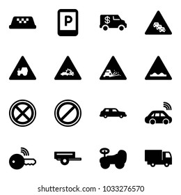 Solid vector icon set - taxi vector, parking sign, encashment car, multi lane traffic road, tractor way, crash, gravel, rough, no stop, limousine, wireless, key, trailer, baby, truck toy