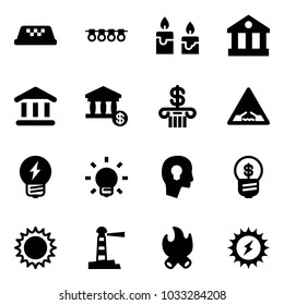 Solid vector icon set - taxi vector, garland, candle, bank, account, drawbridge road sign, idea, bulb, head, business, sun, lighthouse, fire, power